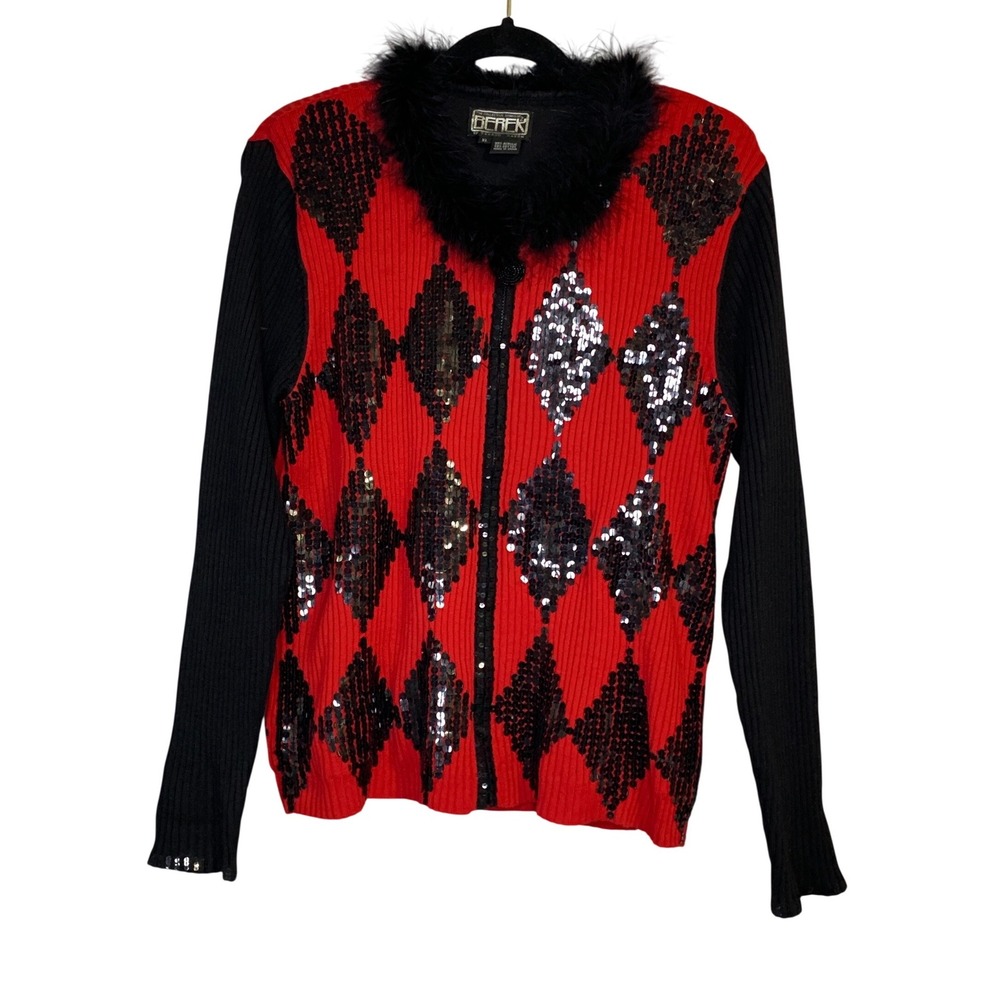 BEREK 2 By Takako Sakon Red Black Argyle Feather Collar Cardigan Sweater Size XL